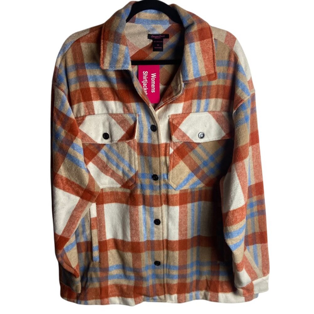 Canyon Creek Plus Size 2X Flannel Shacket Plaid Blue Orange Cozy Boho Casual